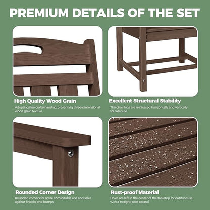 HDPE Outdoor Patio Dining Set with Table & 6 Chairs, All-Weather 7-Piece Outdoor Table and Chairs, 2" Umbrella Hole, Patio Furniture for Garden, Backyard, Deck | Brown