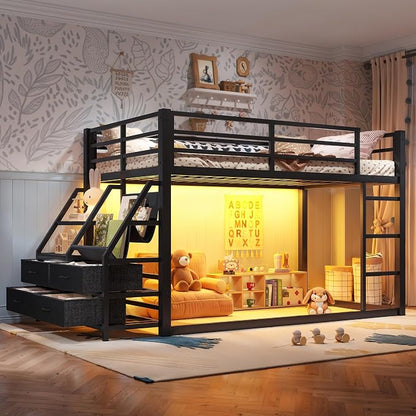 Bellemave Twin Over Twin Bunk Bed with Storage Shelves & 4 Drawers,Heavy Duty Metal Bunk Bed for Teens with LED Lights, Low Bunk Beds for Kids with Guardrails & Ladder, No Box Spring Needed, Black