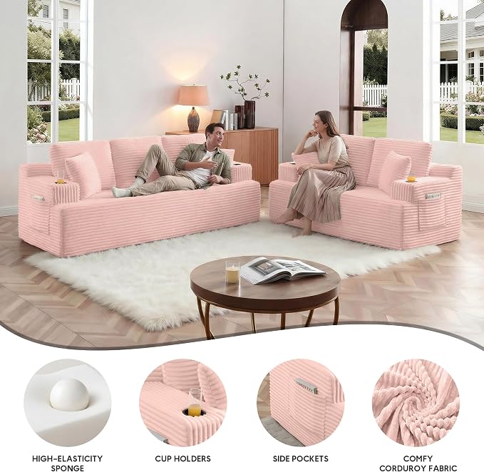 Boneless Sofa Couch Set with Cup Holders & Side Pockets, Modern Corduroy Fabric Upholstered 3-seat Couch & Loveseat Set with 4 Throw Pillows for Living Room, Office, No Assembly (Pink)