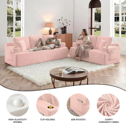 Boneless Sofa Couch Set with Cup Holders & Side Pockets, Modern Corduroy Fabric Upholstered 3-seat Couch & Loveseat Set with 4 Throw Pillows for Living Room, Office, No Assembly (Pink)