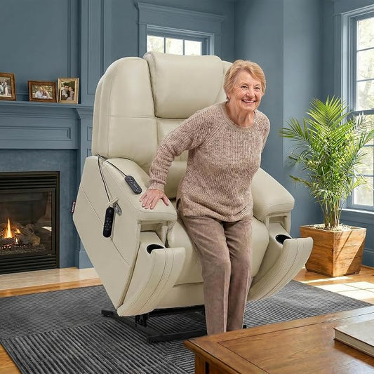 EONIX Triple Motor Lay Flat Power Lift Recliner Chair for Elderly with Adjustable Headrest, 400lbs Electirc Lift Chair for Living Room, Lumbar Pillow, Extended Footrest, Cream White