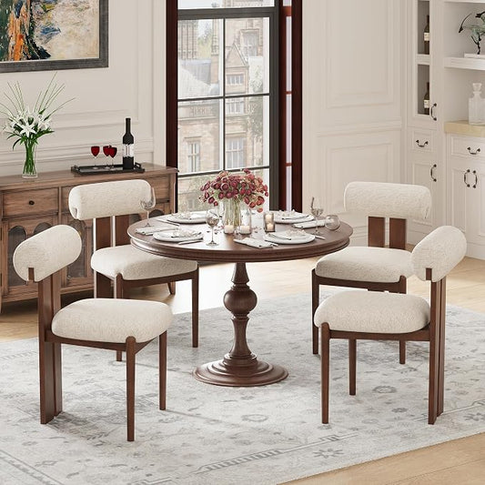 MALOL Modern Wooden Dining Chairs Set of 4, Upholstered Fabric Kitchen Chairs with Sculptural Backrest, Mid-Century Farmhouse Dining Room Chairs with Solid Wood Legs, Beige