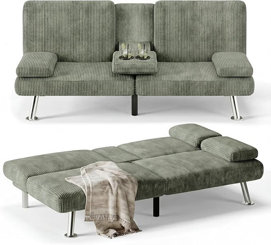 Flamaker Futon Sofa Bed Corduroy Folding Couch Adjustable Sleeper Sofa Bed for Small Apartment Upholstered Living Room Furniture Set with 2 Cup Holders Removable Armrests (Corduroy, Green)
