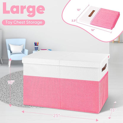 Mabahoo Large Toy Box, Collapsible Sturdy Storage Organize Chest Boxes With Lids, 25"x13"x16" Kids Toy Chest Bin Baskets for Living Room, Bedroom, Nursery, White & Pink