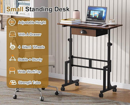 Adjustable Height Standing Desk With Drawer, Rolling Sit Stand Up Desk With Wheels, Small Sit To Stand Computer Desk, Adjustable Desktop Height, On Wheels, Brown, For Walking Pad Laptop Treadmill