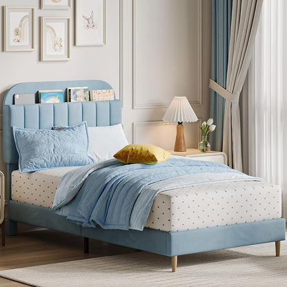 GarveeHome Twin Bed Frame with Storage Headboard, Velvet Upholstered Platform Bedframe for Kids, Boy Bed, Strong Wooden Slats, Noise-Free, Easy Assembly, No Box Spring Needed, Blue
