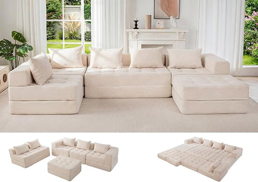 MAXYOYO Modular Sectional Sofa Couch, Foldable U Shaped Cloud Couch with Pillows, Tufted 6-Seat Boneless Lounger Sofa for Living Room, No Assembly Required, Beige