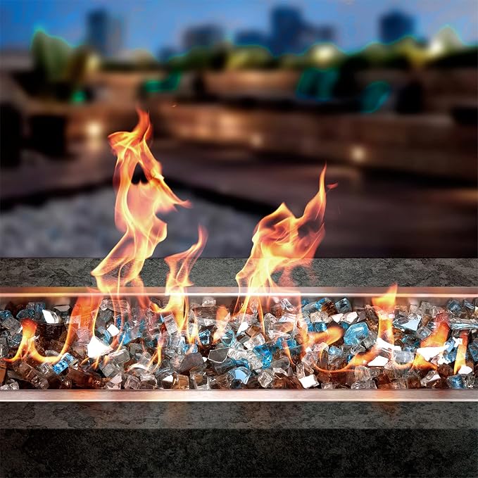 Onlyfire 10 pounds Fire Glass for Propane Fire Pit and Gas Fireplace, 1/4 Inch Blended Reflective Firepit Glass Rocks for Fire Pit Table and Fire Bowl, Aqua Blue+Platinum+Copper