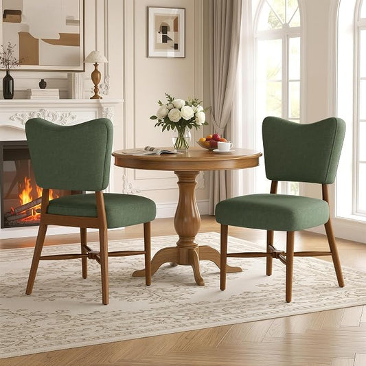 Farmhouse Dining Chairs Set of 2, Linen Seat, Wood Legs, Green | Mid Century Modern, Upholstered Padded Cushion, Solid Wood Cross-Brace, Easy 15-Min Assembly, Kitchen Dining Room