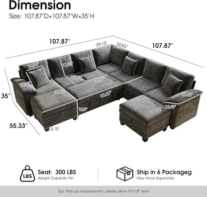 107.8" Oversized Modular Sectional Sofa with Pull Out Bed, 9 Seat U Shaped Sectional Sleeper Sofa with 291L Storage, Convertible Cloud Couch Bed, Sectional Couches for Living Room, Apartment (Gray)