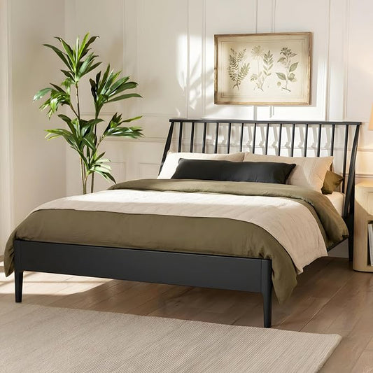 Merax King Size Solid Bamboo Wood Spindle Platform Bed with 46.5" Tall Headboard, Bohemian Bed Frame with Wooden Slats and Metal Support, Mid-Century Modern Style, No Box Spring Needed, Black