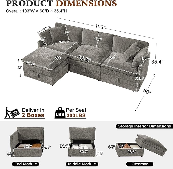 Ihanherry 103" Modular Sectional Sofa with Storage, L Shaped Cloud Couch with Movable Ottomans & Throw Pillows, Chenille Deep Seat Sectional Couches for Living Room, Apartment (Grey)