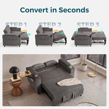 LINSY HOME 3-in-1 Pull Out Sofa Bed, 58" Convertible Sleeper Sofa for Living Room, 360° Swivel Table, Storage Armrests, Charging Station, Cup Holders, 2 Pillows, Corduroy Loveseat Futon Couch, Grey