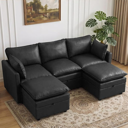80" Black Faux Leather Storage 3 Seater Sofa with 2 Ottomans, Comfy Couch | Convertible Modular Sectional Sofa, U Shaped Oversized Couch, Upholstered Large Cloud Couch For Living Room, Apartment.