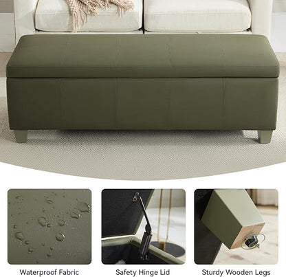 WUTUTUEE 51" Faux Leather Storage Ottoman, Stitch Tufted Rectangle Upholstered End of Bed Storage Bench, Entryway Large Couch Ottoman with Wooden Legs,Green