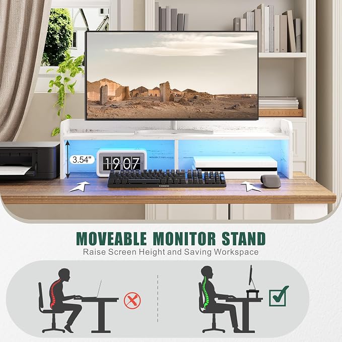 Lareth Executive L Shaped Desk with Monitor Stand, 59 inch Farmhouse Corner Computer Desk with Power Outlets & LED Lights, Home Office Desk with File Cabinet for Working Gaming Writing, White