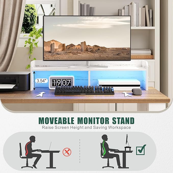 Lareth L Shaped Desk with Monitor Stand Farmhouse Computer Desk with Led Light and Power Outlet, Executive Desk for Home Office Room Workstation with File Cabinet for Working Gaming, Antique White