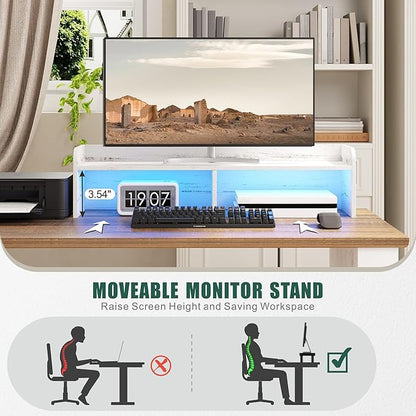 Lareth L Shaped Desk with Monitor Stand Farmhouse Computer Desk with Led Light and Power Outlet, Executive Desk for Home Office Room Workstation with File Cabinet for Working Gaming, Antique White