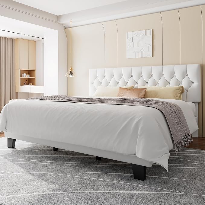 Feonase King Size Velvet Platform Bed Frame, Upholstered Bed with Button Tufted Headboard, Sturdy Wooden Slats & Heavy Duty Feet, No Box Spring Needed, Noise-Free, Easy Assembly, White