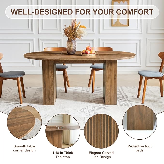 weselon 70.8" Oval Dining Table with Dual Side Storage Shelves, Rustic Farmhouse Table for 4–6 People, Modern Wooden Round Dinner Table for Kitchen, Reception, or Living Room (Walnut, Table Only)