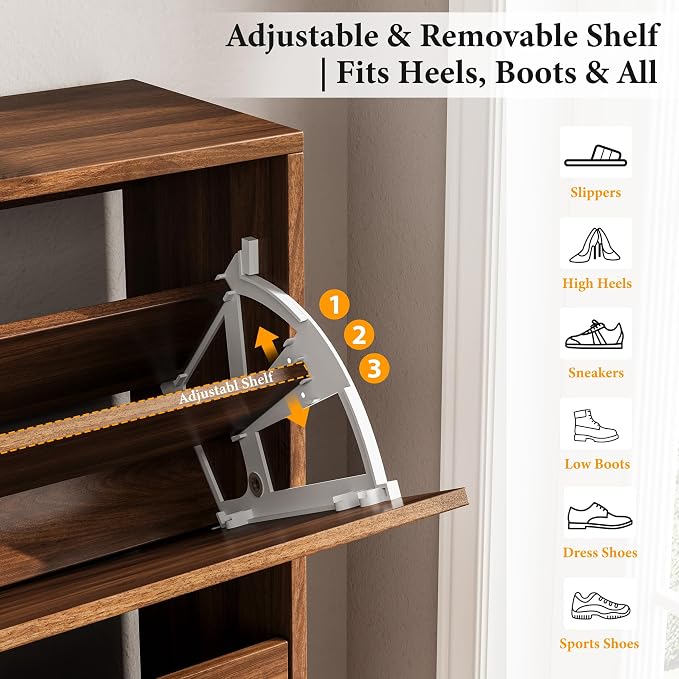 Nicetree Mid-Century Modern Slim Shoe Cabinet for Entryway, 9.5" Narrow Shoe Storage Cabinet with Architectural Arched Fluted Front, Entryway Shoe Storage with Adjustable Shelves,Classic Walnut