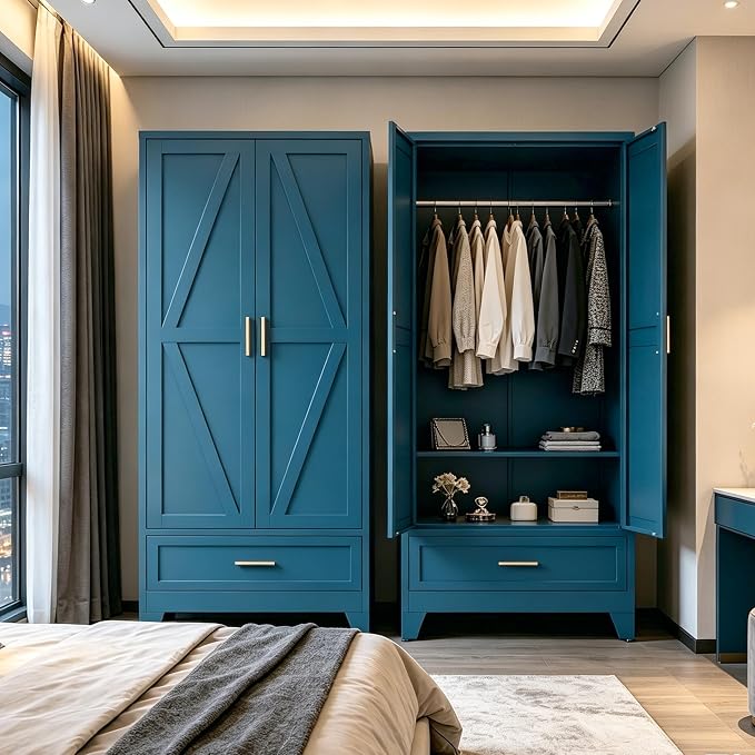 71" H Blue Closet,Armoire Wardrobe Closet,Metal Wardrobe Closet with Doors and Shelves,Large Wardrobe Closet for Bedroom
