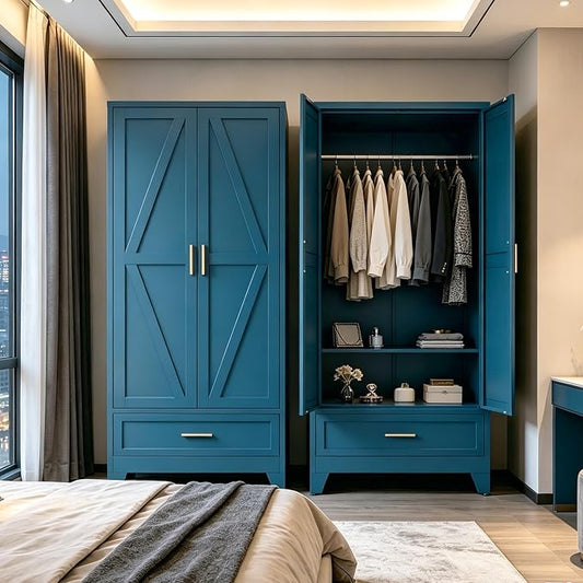 71" H Blue Closet,Armoire Wardrobe Closet,Metal Wardrobe Closet with Doors and Shelves,Large Wardrobe Closet for Bedroom