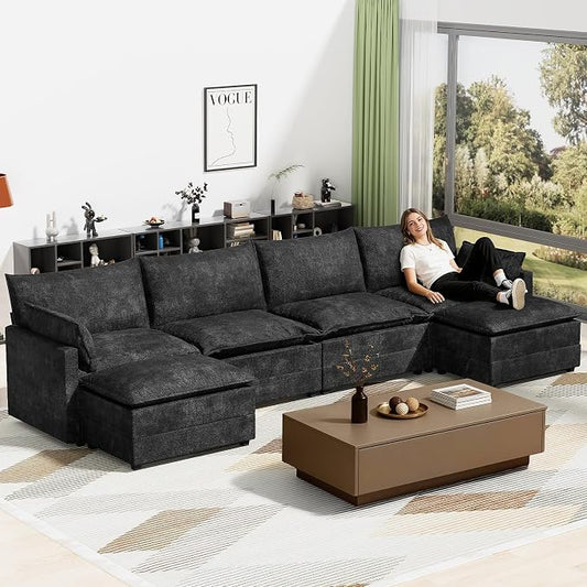 LEVELEVE 147" U-Shape Modular Sofa with 2 Ottomans, Deep Seat Cloud Convertible Sleeper, 2 Arm Pillows, Comfortable Large Upholstered Furniture for Living Room Apartment, Black