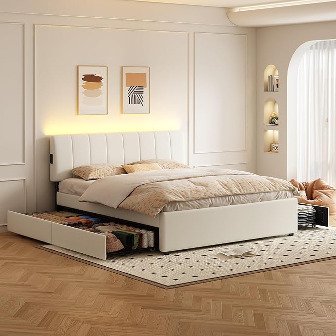 King Size Upholstered Platform Bed with 4 Storage Drawers | 4 Storage Drawers, USB/Type-C Charging,APP-Controlled LED Lights,No Box Spring Needed,Beige Chenille Fabric,Easy to Assemble