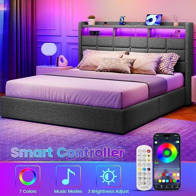 Driftalia Lift Up Queen Bed Frame with Storage, Upholstered Bed Frame Queen Size with LED Lights Headboard and Charging Station, No Box Spring Needed, Easy Assembly - Dark Grey