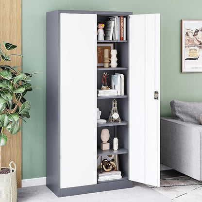 Metal Cabinet,Locking Storage Cabinet with 2 Doors and 5 Adjustbale Shelves,72" Tall Tool Steel Cabinets for Garage,Home Office,School,Gym(Grey & White)