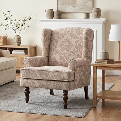 HUIMO Printed Wingback Accent Chair, Linen Upholstered High Back Armchair, Comfy Reading Chair for Living Room Bedroom Study, 300lbs Weight Capacity (1, Brown Floral)