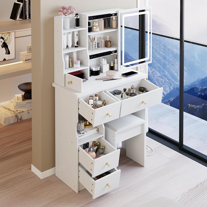 4 Pieces Full Bedroom Set, Modern PU Fabric Metal Bed Frame with Charge Port, LED Light& Adjustable Headboard, Vanity Table with Slide LED Mirror& Hair Dryer Holder, 2 Nightstands with Charge