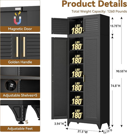Polup 90" Tall Metal Kitchen Pantry Storage Cabinet with Doors and Shelves | Black Heavy Duty Steel Cabinet,Golden Handle,5 Adjustable Shelves,Louvered Doors,Anti-tipping,2 packages,garage,Dining room