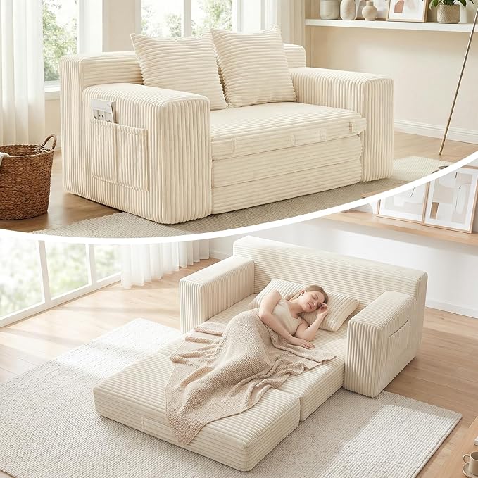 Boneless Couch,Boneless Loveseat Sleeper Sofa Bed – 3-in-1 Convertible Couch Bed with Side Pockets & Handle,Pull Out Corduroy Futon for Small Space,Living Room & Bedroom,2 Pillows Included,No Assembly
