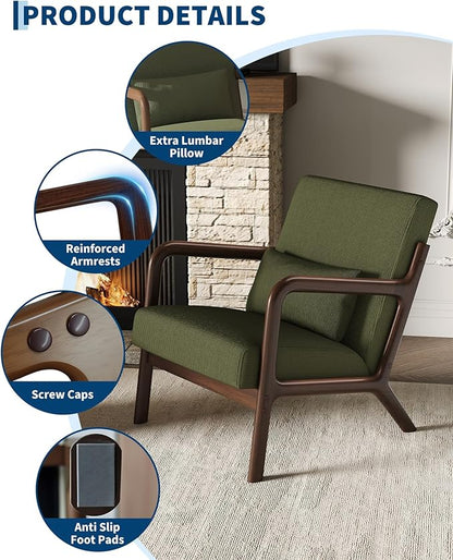 Garvee Mid-Century Modern Accent Chair, Fine Wale Corduroy Upholstery, Solid Wood Armchair with Removable Lumbar Pillow, Sturdy Reading Chair for Living Room, Bedroom, Guest Room, Easy Assembly, Green