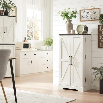 ACCOHOHO 47" Kitchen Pantry, Farmhouse Storage Cabinet with Barn Doors, Organizer and Adjustable Shelves, Rustic Wood Cupboard for Kitchen, Dining Room, Bathroom and Hallway, Off White
