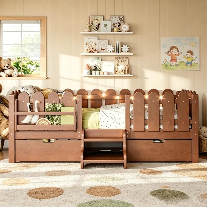 Bellemave Twin Size Platform Bed with Storage Drawers & Bookshelf for Boys Girls, Kids Twin Bed Frame with LED Lights & Stairs for Children's Room, Deep Natural