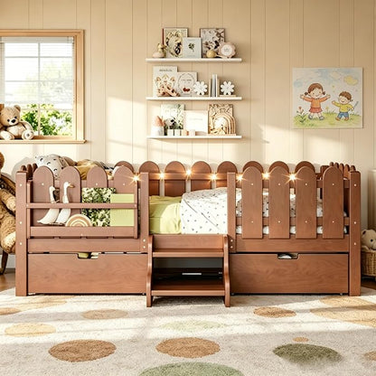 Bellemave Twin Size Platform Bed with Storage Drawers & Bookshelf for Boys Girls, Kids Twin Bed Frame with LED Lights & Stairs for Children's Room, Deep Natural