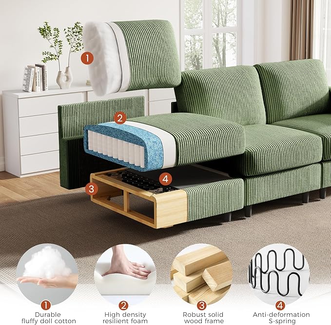 KKL Modular Sectional Sofa Bed with Storage Ottoman, Convertible L/U-Shaped Sleeper Couch for Living Room, Modern Reversible Design (Green, 4 Seat L Shape)
