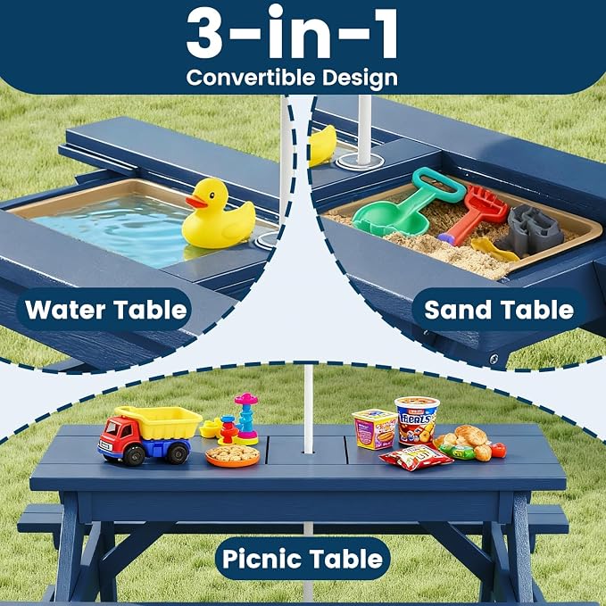 FOOWIN Kids 3-in-1 Sand & Water Table,HDPE Outdoor Convertible Picnic Table w/Detachable Tabletop, for Outdoor Backyard Patio Play Blue