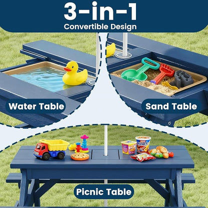 FOOWIN Kids 3-in-1 Sand & Water Table,HDPE Outdoor Convertible Picnic Table w/Detachable Tabletop, for Outdoor Backyard Patio Play Blue