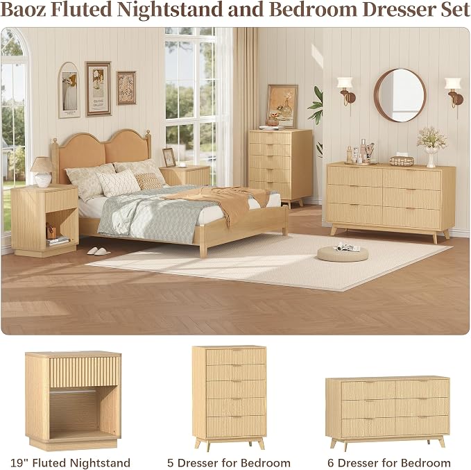 Baoz Oak Fluted Nightstand with Charging Station & 1 Drawers for Bedroom | 19" Wide Mid Century Modern Bedside Table Natural Wood Curved Profile Design Night Stand Metal Handle