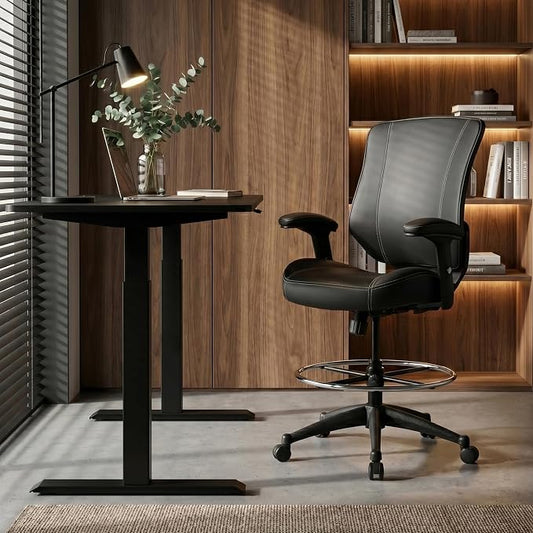 BOLISS 400lbs Mid Back Premium Leather Ergonomic Drafting Chair Office for Adjustable Desk Wide Chair Built-in Lumbar Support Adjustable Foot Ring Height Adjustable Armrest (Black Leather)