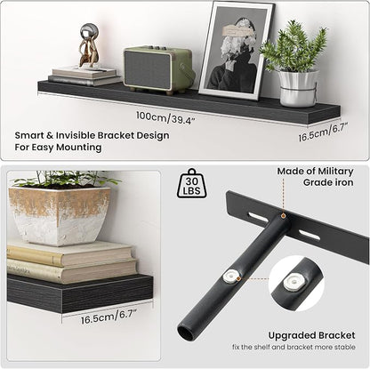 Heimlove Floating Shelves for Wall 40 Inch,Mounted Storage & Display Hanging Shelf with Invisible Brackets,for Bedroom,Living Room,Kitchen,Office,Set of 2,Black