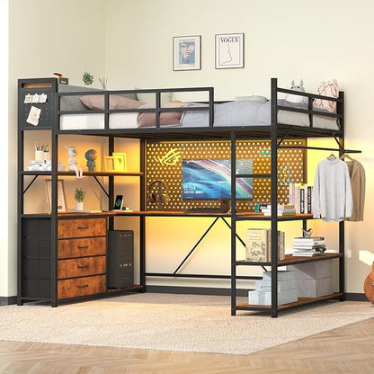 Loft Bed Twin Size with Storage Upholstered Headboard, Metal Twin Loft Bed Frame with U-Shaped Desk & LED Lights, Bunk Loft Beds with Power Outlet, Loft Beds with 4 Storage Drawers, Guard & Ladder