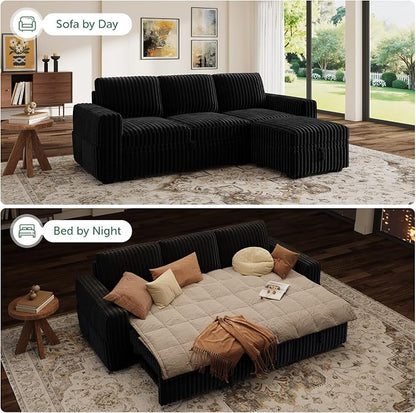 HONBAY Modular Sectional Sofa with Pull Out Bed,Corduroy L Shaped Sleeper Sofa with Storage, Sectional Couches for Living Room,Black
