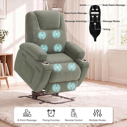 Flamaker Power Lift Chair Massage Recliner Chairs for Elderly, Corduroy Ergonomic Design with Cup Holders & Side Pockets, Remote Control (Green)