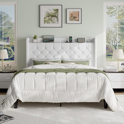 SHA CERLIN Queen Size Platform Bed Frame with Charging Station, Velvet Wingback Headboard with Storage Shelf, Wooden Slats Support, Ample Under-Bed Space, No Box Spring Needed, Easy Assembly, White