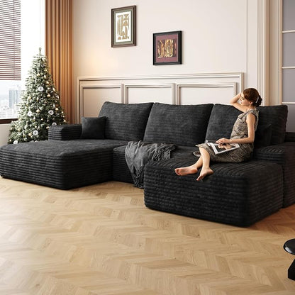107" U Shaped Cloud Corduroy Couch with Ottoman, Comfy Sectional Boneless Couches for Living Room Bedroom, Deep Seat Sleeper Compression Sofa, No Assembly, Left Facing Chaise, Black